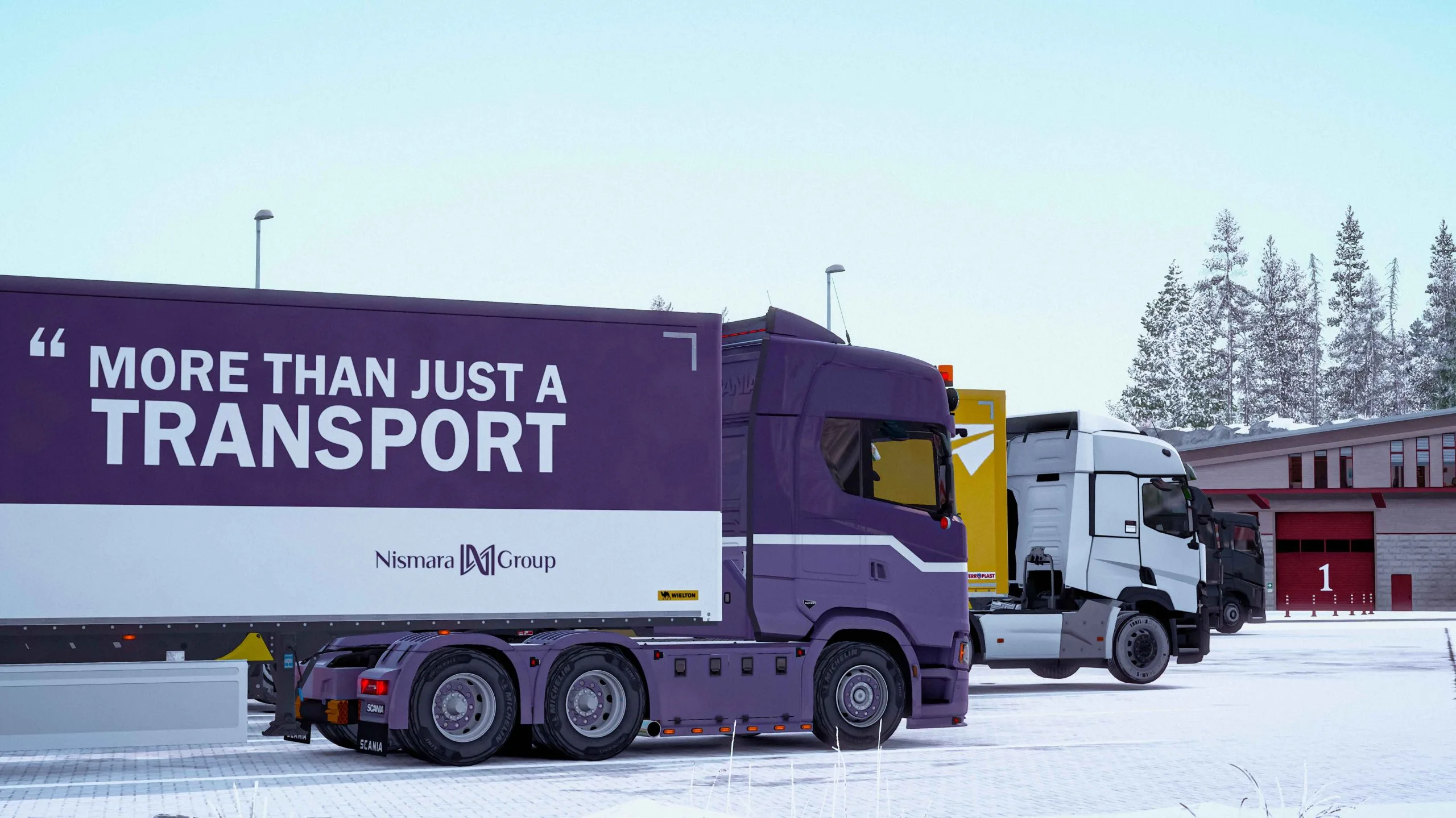 Truk nismara transport di area parkir bersalju.